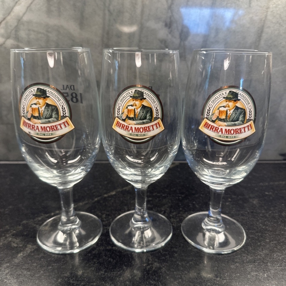 BIRRA MORETTI Vintage Italian Beer‎ 3 Footed Bar Glasses 1859 Wine Bar Drinking